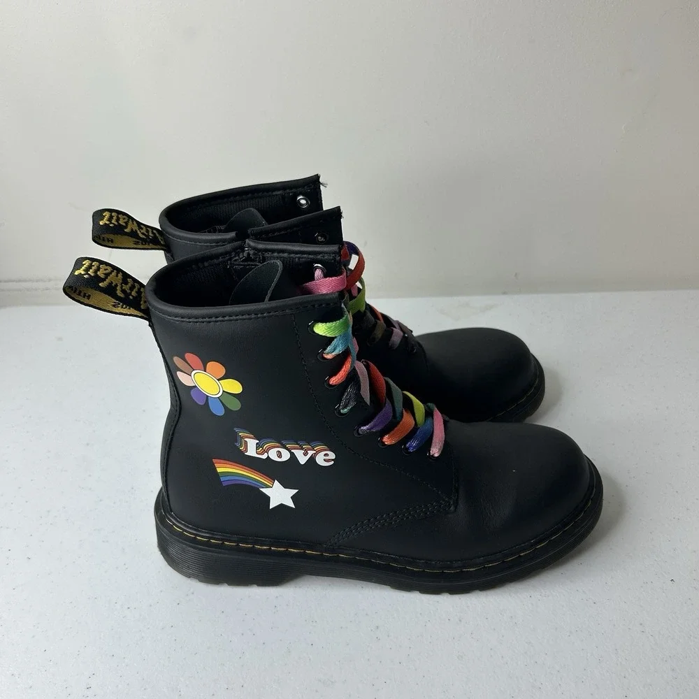 Doc Martens Girls 4.5 Boots 1460 For Pride Black Leather Rainbow Combat